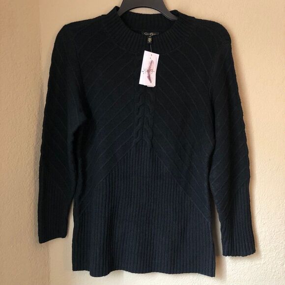 Jessica Simpson Womens Cable Knit Adena Sweater 1X Black Mock Neck Long Sleeeve - Picture 2 of 9